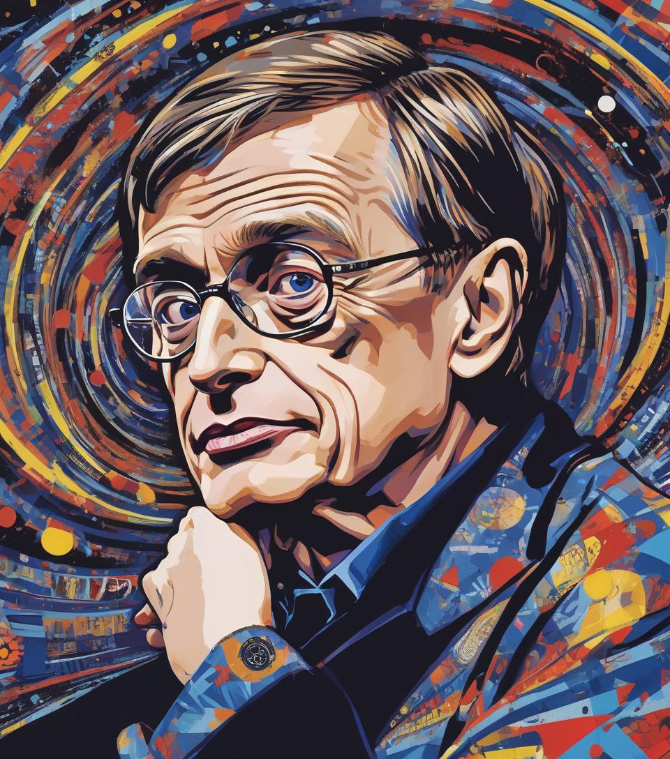  pop art style stephen hawking, dark blue tones, against the background of a black hole, high detail, working out small things, hawking's formula in paint . bright colors, bold outlines, popular culture themes, ironic or kitsch