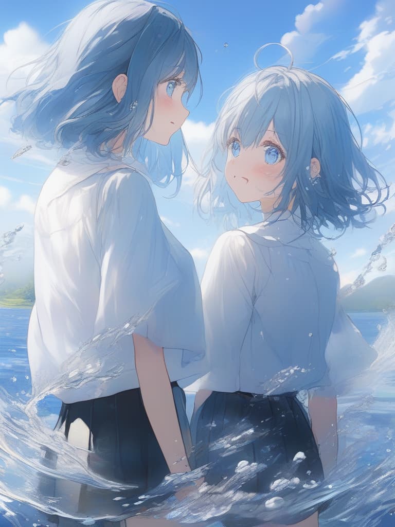  white shirts, blue haired shorts, black skirts, blue eyes, girls, girls, above water, under the blue sky, small white horns, masterpiece, best quality,8k,ultra detailed,high resolution,an extremely delicate and beautiful,hyper detail