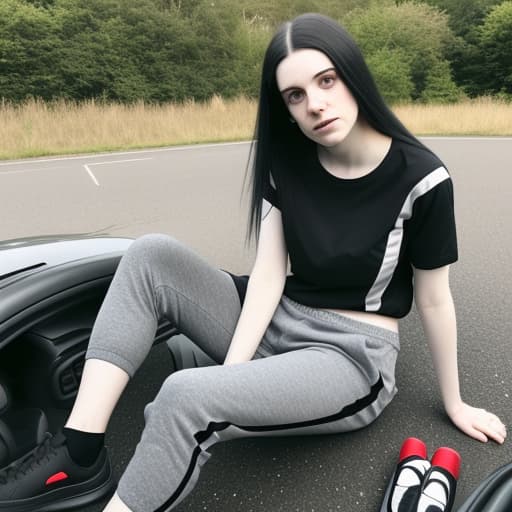  lady, early twenties, pale skin, black medium straight hair. wearing a red t shirt, grey joggers and red trainers. she is sitting inside her car, driving, anxious