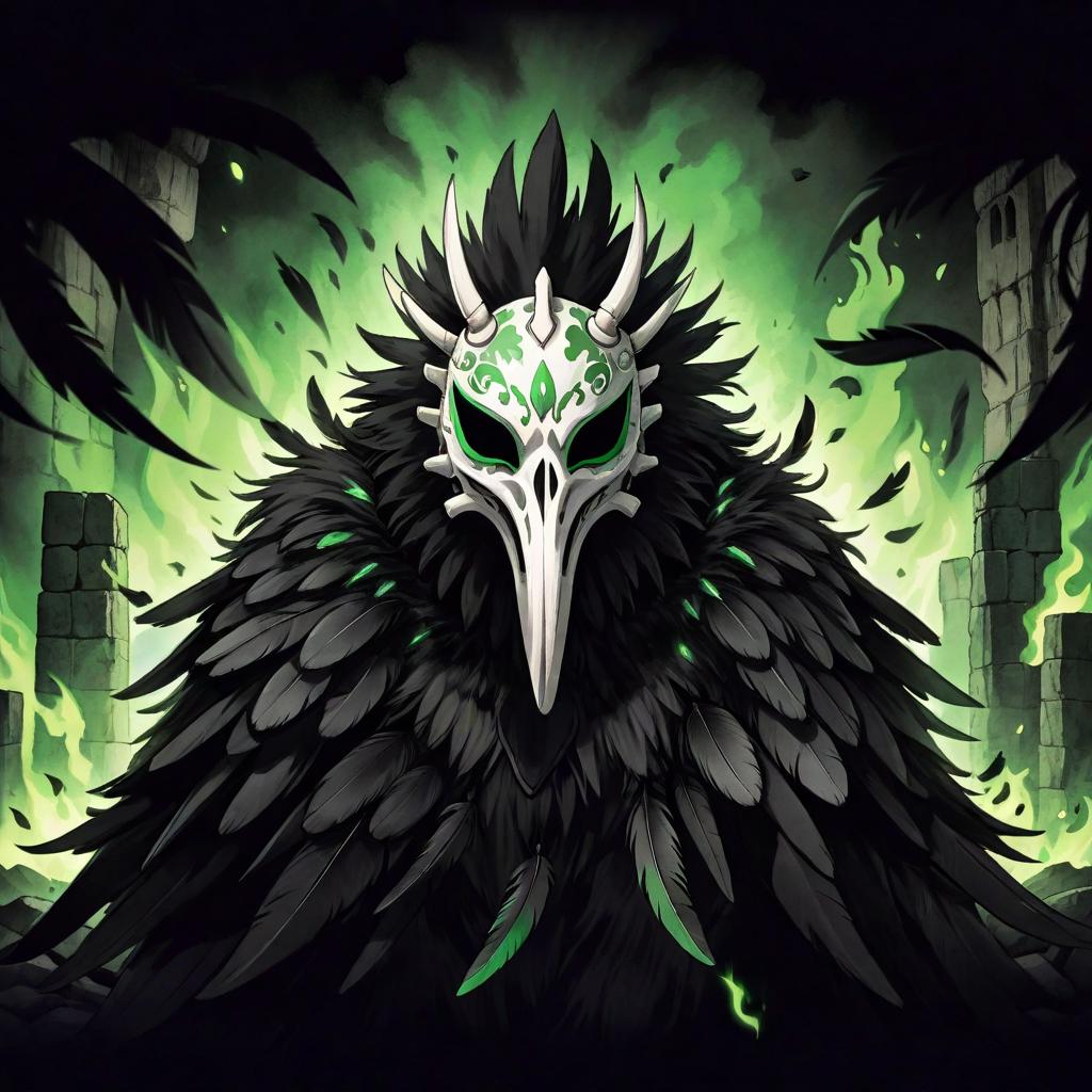  manga artwork dark monster with an animal bone mask and black feathers, the background has stone ruins and green flames. rpg anime style . manga artist. manga, highly emotional. best quality, high resolution