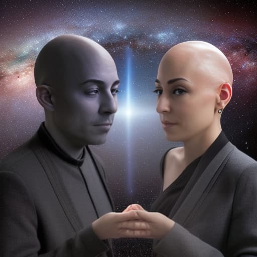  imaginary star bridge against the background of outer space, on one side of the bridge stands a bald man with another woman with short black hair symmetrical bean they reach out to each other, on the corners of the picture of the planet, on opposite sides of the star bridge are a man and a woman they reach out to each other hands