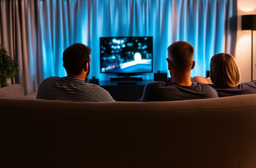  professional detailed photography, rear view: relaxed family sitting on sofa in living room watching tv enjoying cozy movie night ar 3:2, (muted colors, dim colors, soothing tones), (vsco:0.3)