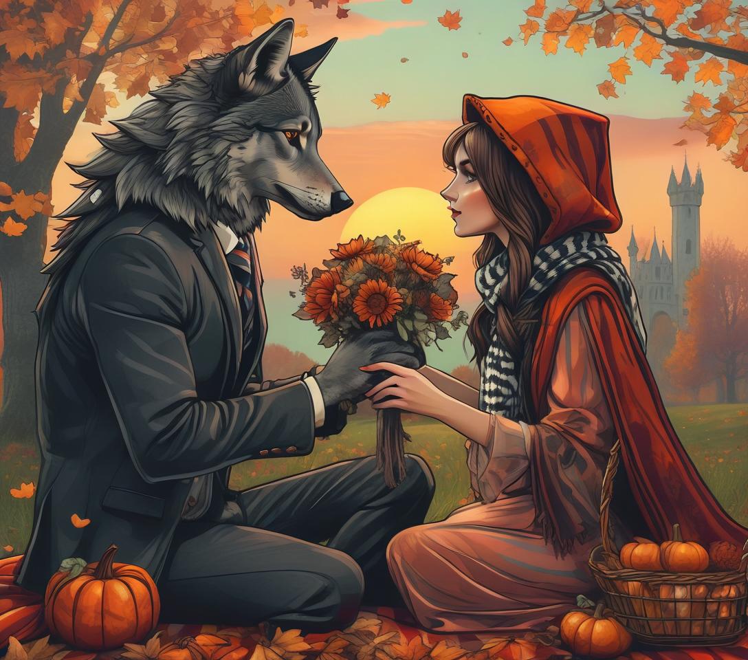  (black ink drawing in dark fantasy style, double exposure:1.5). a gray wolf in a trendy suit holds out a bouquet of asters and maple leaves to a cute business woman, red riding hood, (eye to eye look:1.5). (romantic date, picnic on a patterned blanket on the gr:1.3). (gentle look, love, excitement:1.4). a basket with ripe apples and pears. (striped scarf:1.4), comfort and idyll. (a huge intricate carriage with patterned doors in the shape of a magical orange pumpkin in the distance in the background:1.6). (landscape of an autumn park with an ancient tower:1.4). (falling autumn colorful leaves, sunset:1.3), a carpet of autumn rustling leaves, warm colors, fabulous motifs, fantasy elements, detailed trees and benches. in the s