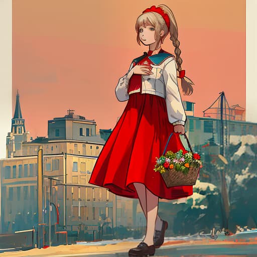  imagine a girl in the style of the ussr: she is dressed in a soviet dress with bright flowers or a sundress, she has simple shoes on her feet. the hair can be gathered into a neat ponytail or the hair can be braided. she can hold a basket of groceries in her hands or be against the background of a typical soviet landscape with houses and red square. add elements of soviet symbols, such as a star or a coat of arms.