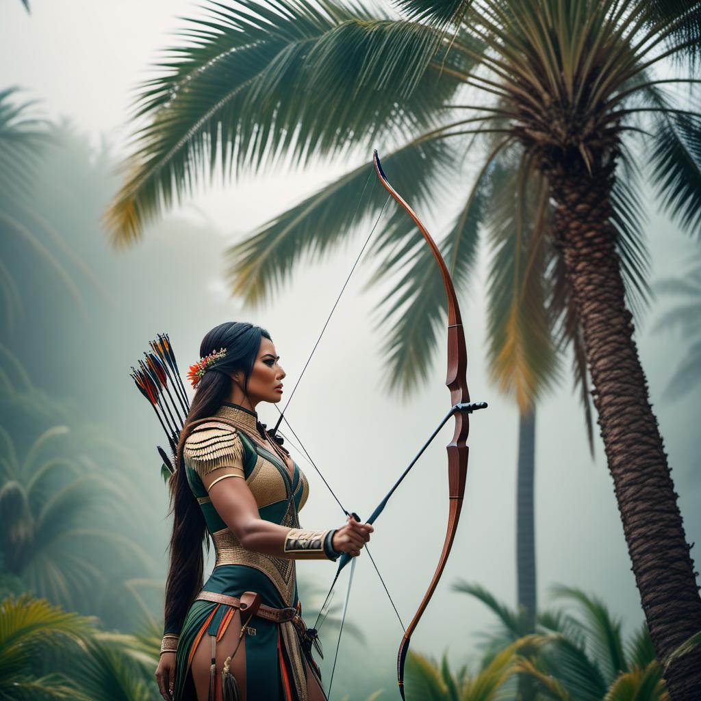  palm tree archery, ((nature)) hyperrealistic, full body, detailed clothing, highly detailed, cinematic lighting, stunningly beautiful, intricate, sharp focus, f/1. 8, 85mm, (centered image composition), (professionally color graded), ((bright soft diffused light)), volumetric fog, trending on instagram, trending on tumblr, HDR 4K, 8K