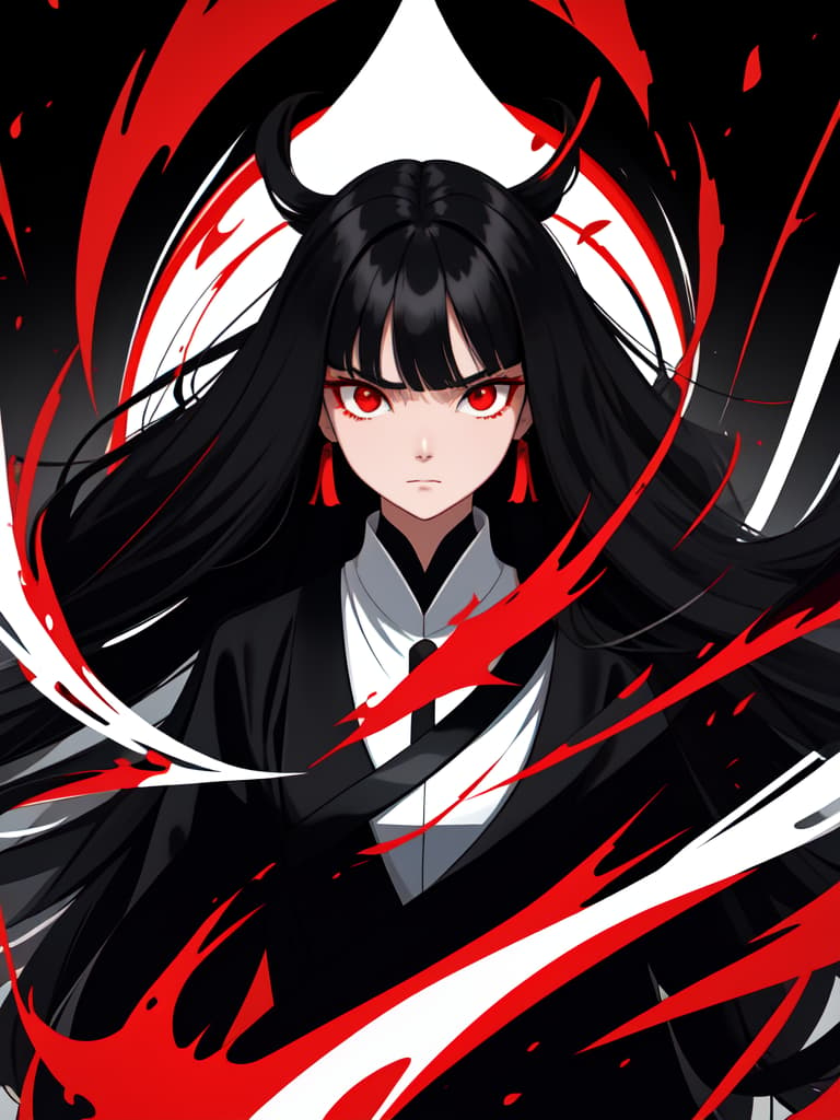  black hair long hair, bangs, hidden right eyes, red eyes, glaring with upper eyes, black background, masterpiece, best quality,8k,ultra detailed,high resolution,an extremely delicate and beautiful,hyper detail