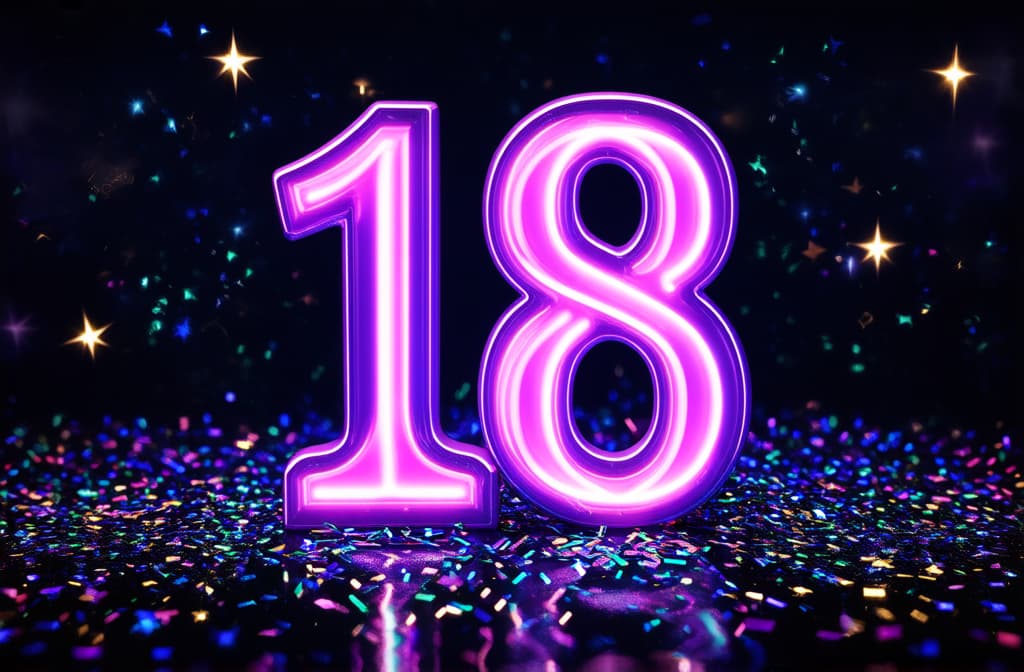  number 18 in neon purple lights with confetti and stars, festive celebration ar 3:2 {prompt}, maximum details