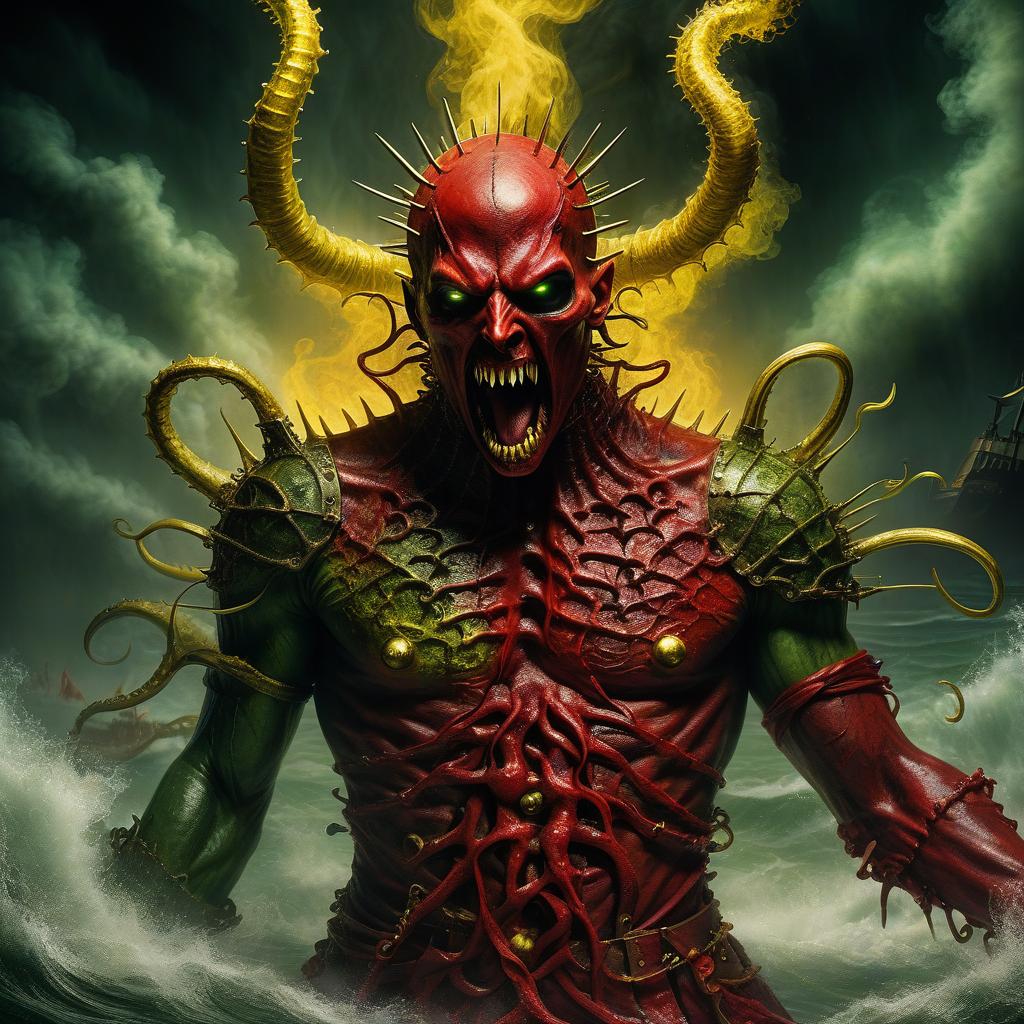  nautical themed demon hellraiser bloodsucker demon vampire pretends to be a saint wrapped in red rag wound strewn with spines blades mucus in yellow and green smoke fire and sparks tentacle ring claws scream and horror . sea, ocean, ships, maritime, beach, marine life, highly detailed