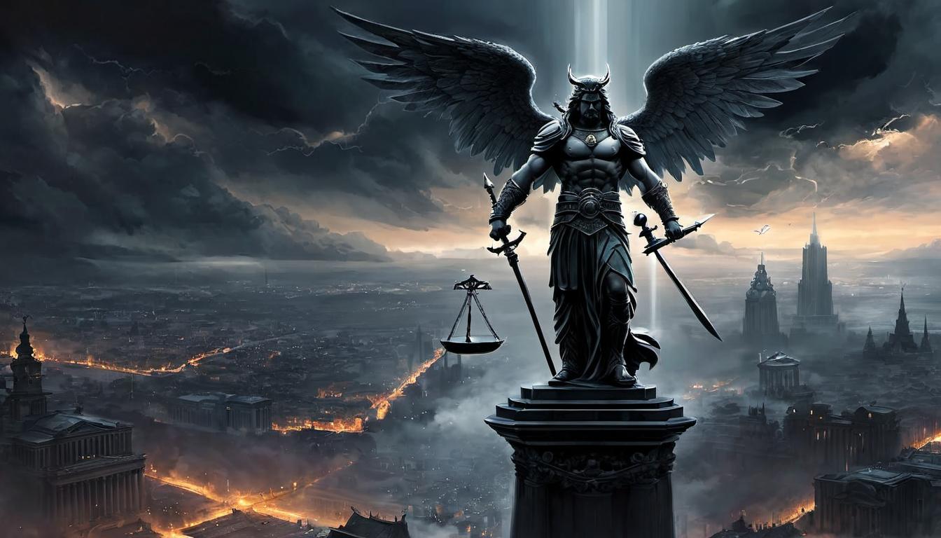  digital painting of a divine figure holding scales of judgment, looming over a city, skies dark and ominous, sense of foreboding, inevitable justice looking at viewer, dynamic pose, (intricate details, masterpiece, best quality)