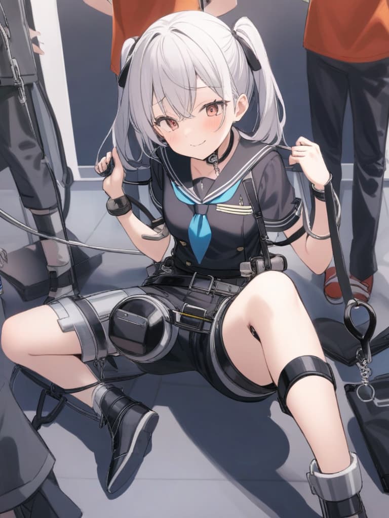  junior high students, sailor uniforms, twin tails, cute smiles, metal chasy bands (t type, metal pants with key), chasy tools, chaste chastioscopes, female restraint, under the are chasy belt, whole body, clroom,