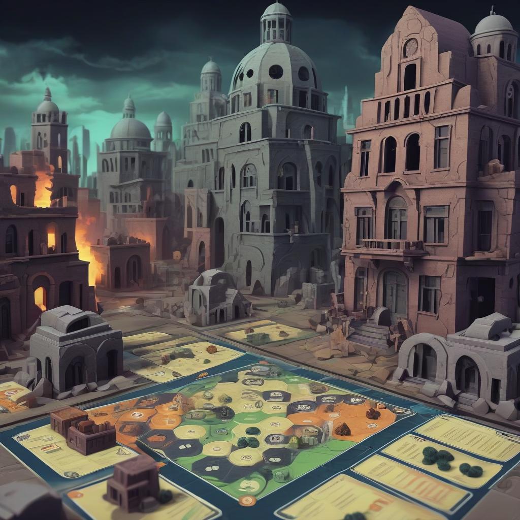  design, board game, hex, city, apocalypse, ruins, howard lovecraft, stylized image, comic