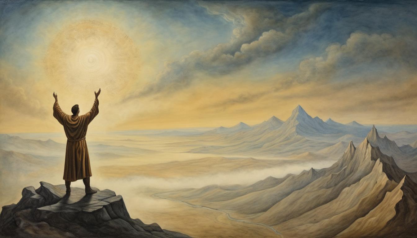  on parchment, surrealism++, a person standing on a mountain peak, overlooking a vast, illuminated landscape, arms raised in triumph, empowerment, enlightenment(mysterious, provocative, symbolic)++