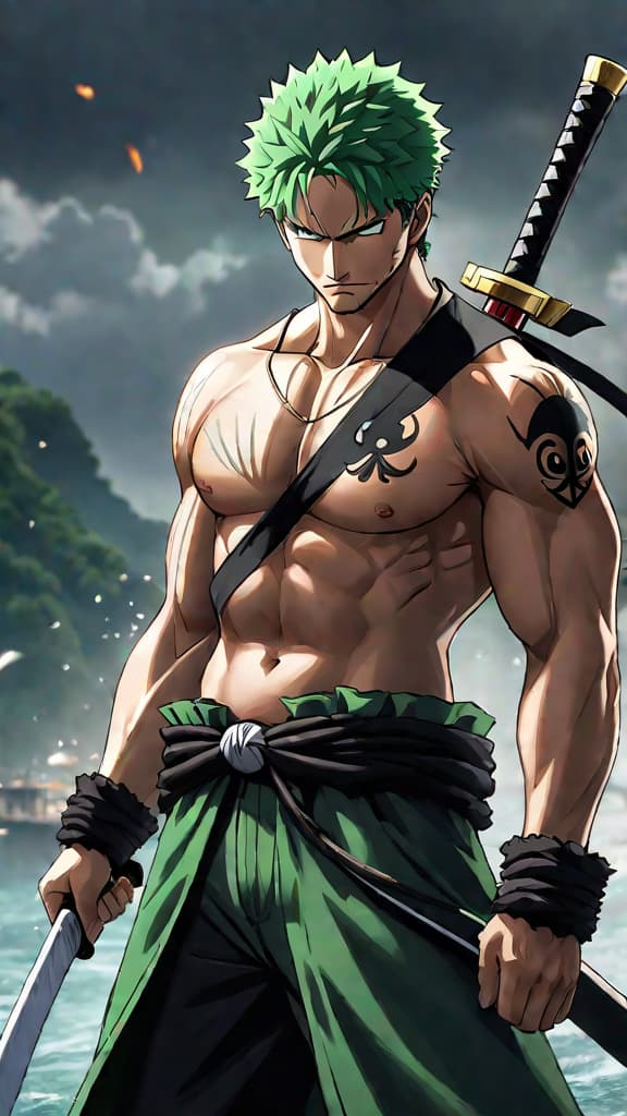  anime art of zoro from one piece with a mysterious cursed eye granting immense strength. hyperrealistic, full body, detailed clothing, highly detailed, cinematic lighting, stunningly beautiful, intricate, sharp focus, f/1. 8, 85mm, (centered image composition), (professionally color graded), ((bright soft diffused light)), volumetric fog, trending on instagram, trending on tumblr, HDR 4K, 8K