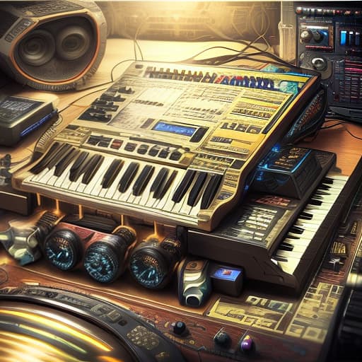  music , synthesizer , beatmaker , rap, (intricate details:0.9), (hdr, hyperdetailed:1.2)