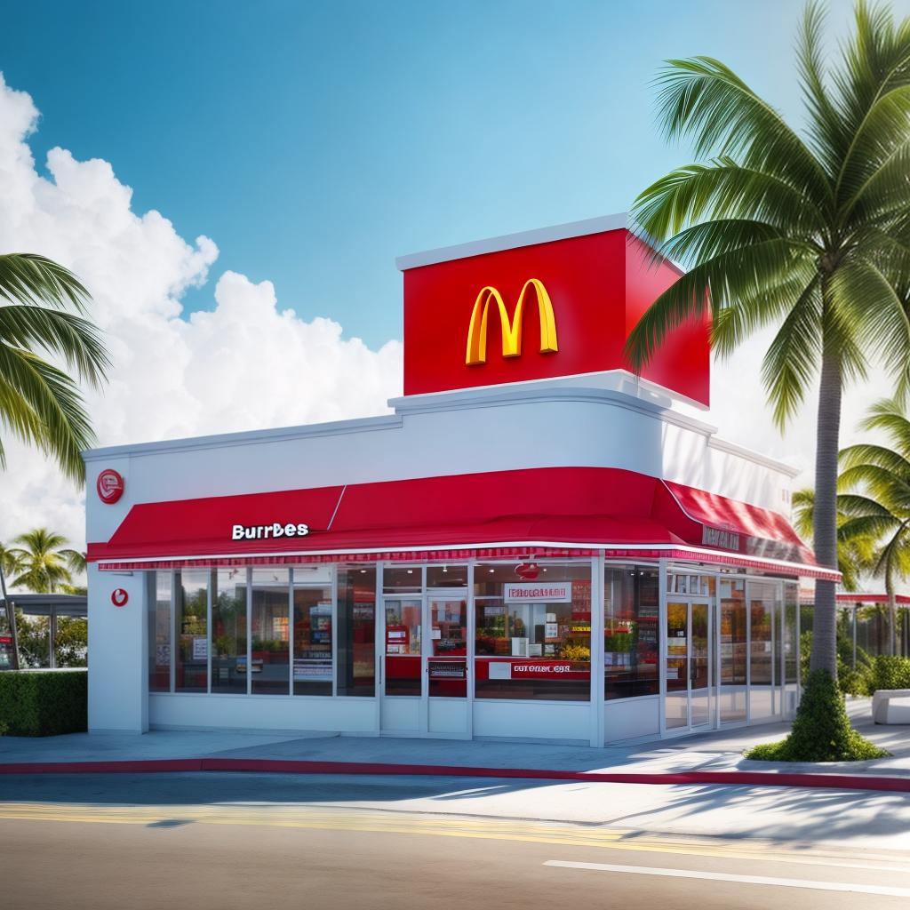  burger McDo on Miami beach sun hyperrealistic, full body, detailed clothing, highly detailed, cinematic lighting, stunningly beautiful, intricate, sharp focus, f/1. 8, 85mm, (centered image composition), (professionally color graded), ((bright soft diffused light)), volumetric fog, trending on instagram, trending on tumblr, HDR 4K, 8K
