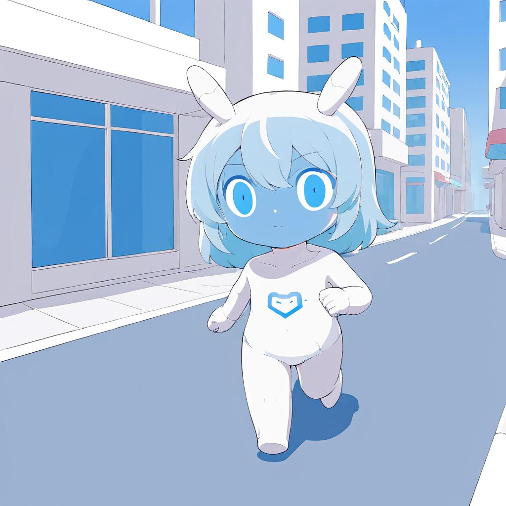  anxiaozhi,a white cute robot with blue face is running on the city street,a clean and crisp anime illustration with bold outlines, smooth shading,cell shaded, crisp ,flat colors, and a minimalistic background.