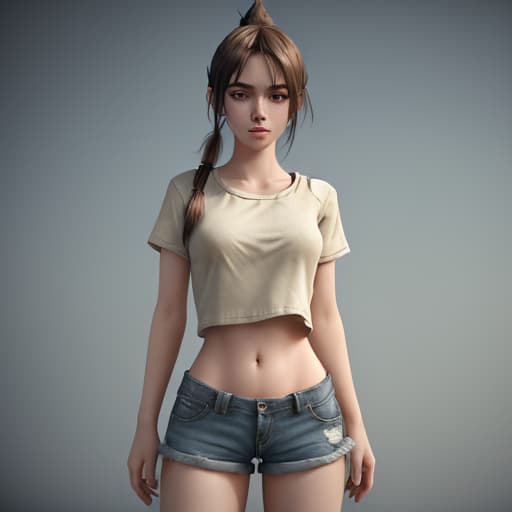  girl, humanity, short top and shorts, dynamic, best quality, masterpiece, c4d, ponytail.