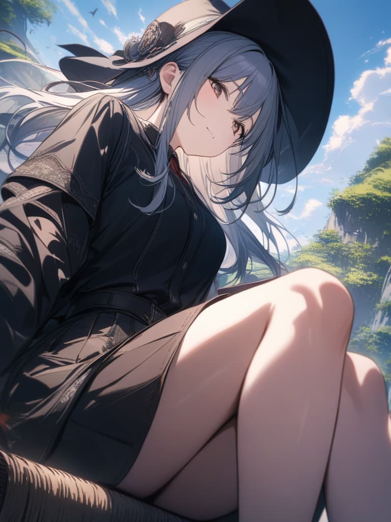  witches, girls, hats, hair fluttering, flying in the sky, sitting with a broom sideways, sitting on a broom, suppressing the sky, background, and hat, masterpiece, best quality,8k,ultra detailed,high resolution,an extremely delicate and beautiful,hyper detail