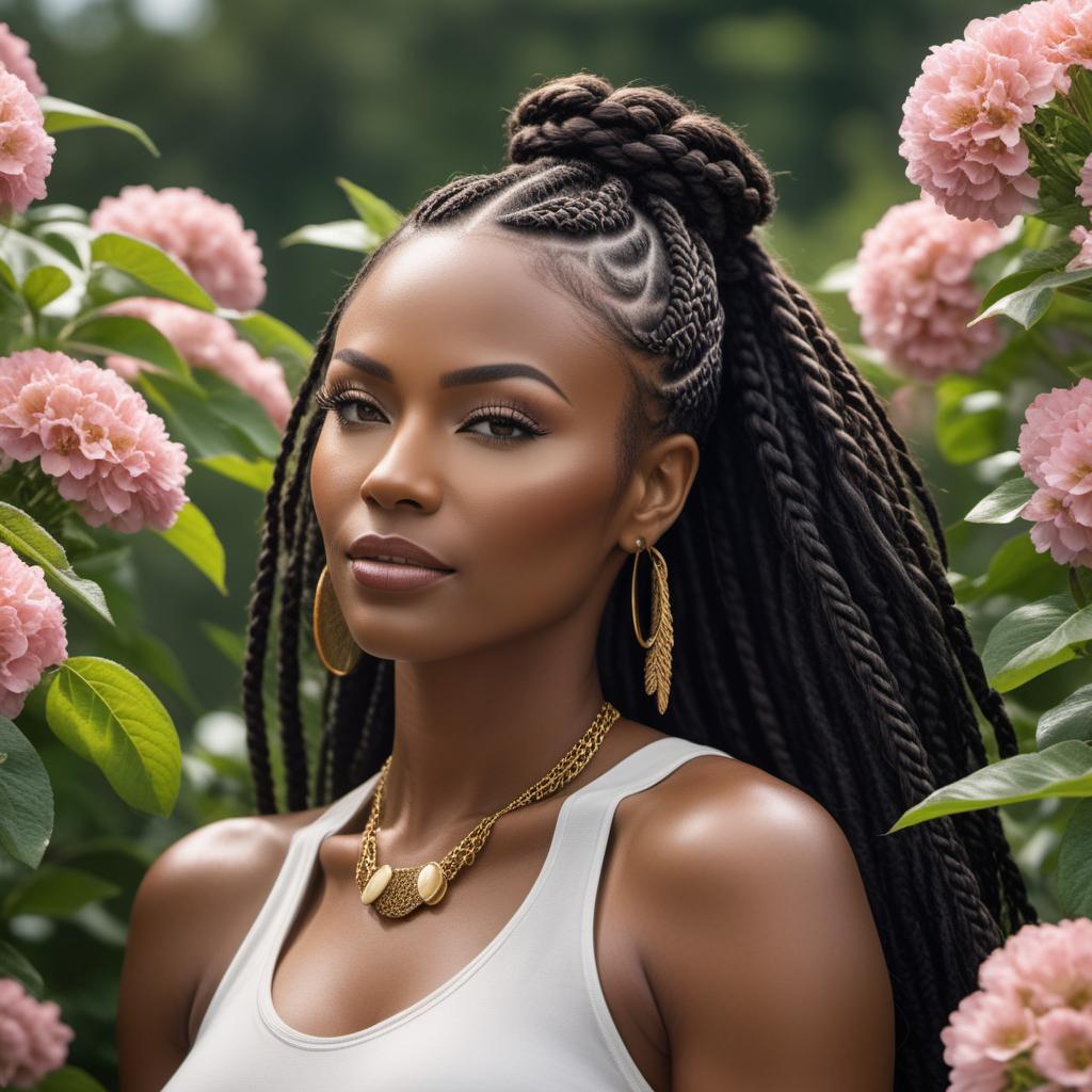  A motivational and inspirational scene for Jamila, set on a cloudy day with a temperature of about 70 degrees. The image shows a cloudy sky with a few sun rays breaking through, illuminating a Black woman with braids and a determined and cheerful expression. She is surrounded by blooming flowers and vibrant greenery, symbolizing positivity and growth. The words 'Keep pushing forward, seize every opportunity, and let your enthusiasm be a beacon of inspiration' are written in an elegant and inspirational font at the top of the image. hyperrealistic, full body, detailed clothing, highly detailed, cinematic lighting, stunningly beautiful, intricate, sharp focus, f/1. 8, 85mm, (centered image composition), (professionally color graded), ((bright soft diffused light)), volumetric fog, trending on instagram, trending on tumblr, HDR 4K, 8K