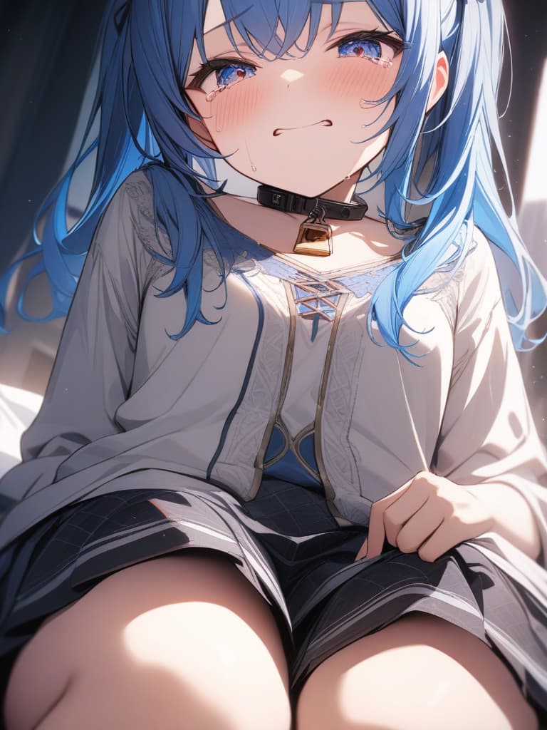  twin tails, blue hair, , , crying face ,,, small s,, with a lock, , skin, a with a collar, gles , gles , masterpiece, best quality,8k,ultra detailed,high resolution,an extremely delicate and beautiful,hyper detail