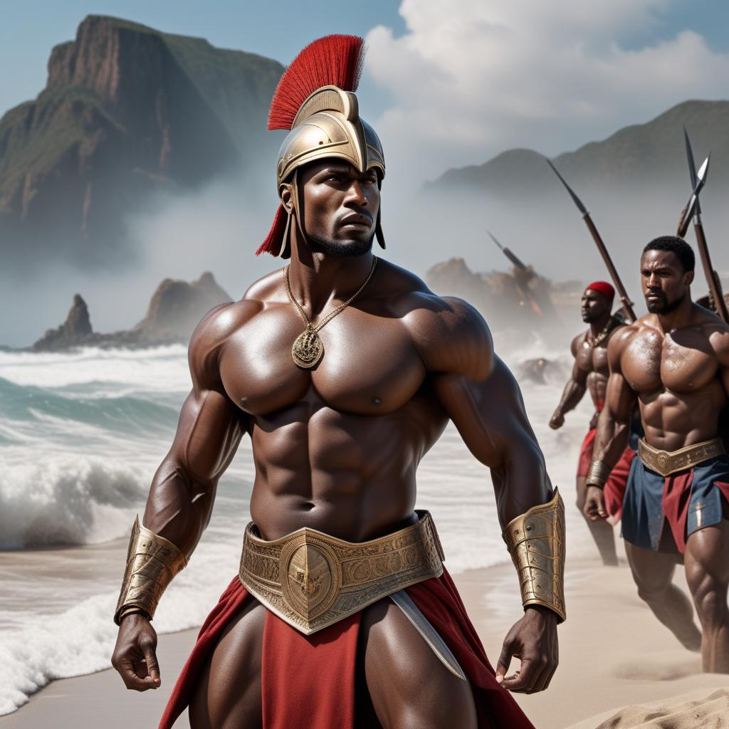  Hyper realistic, positive energy, bodybuilding Haitian warrior, super jacked, depicted in an epic Spartan beach battle scene. The warrior is extremely muscular, showing blood and bruises while flexing, embodying strength, resilience, and nobility. His features reflect his African Haitian Polish diaspora heritage. The scene includes Napoleon French soldiers and their leader laying defeated on the beach. The overall image is highly detailed and realistic, capturing the intensity of the battle and the warrior's triumphant presence. hyperrealistic, full body, detailed clothing, highly detailed, cinematic lighting, stunningly beautiful, intricate, sharp focus, f/1. 8, 85mm, (centered image composition), (professionally color graded), ((bright soft diffused light)), volumetric fog, trending on instagram, trending on tumblr, HDR 4K, 8K