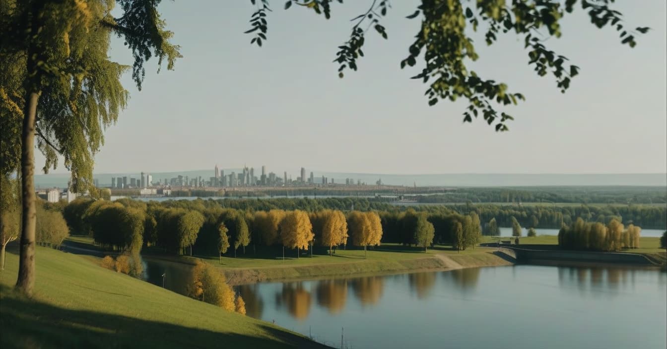  cinematic photo realistic landscape on the hill, metropolis in the distance, left and right linden trees, sunny day, park, lake reflects trees, cinematic . 35mm photograph, film, bokeh, professional, 4k, highly detailed