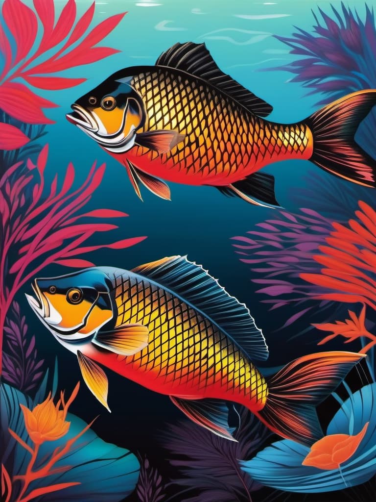  two fish, carp, lots of details, black paint strokes