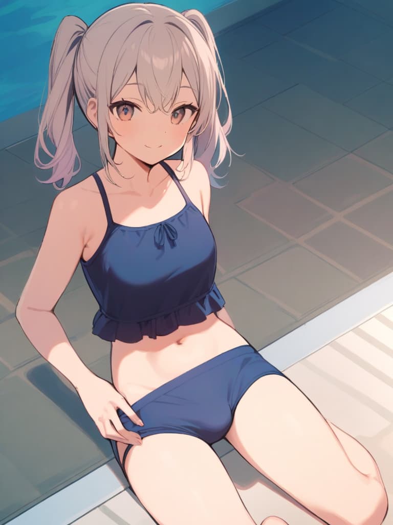  women's elementary student, navy blue swimwear, old swimwear, swimwear, , simple, male bulge, shaped clear , shaped clear, clear stem, shaped clear, area, front, cute smile, twin tails, whole body, whole body, whole body, whole body. poolside,