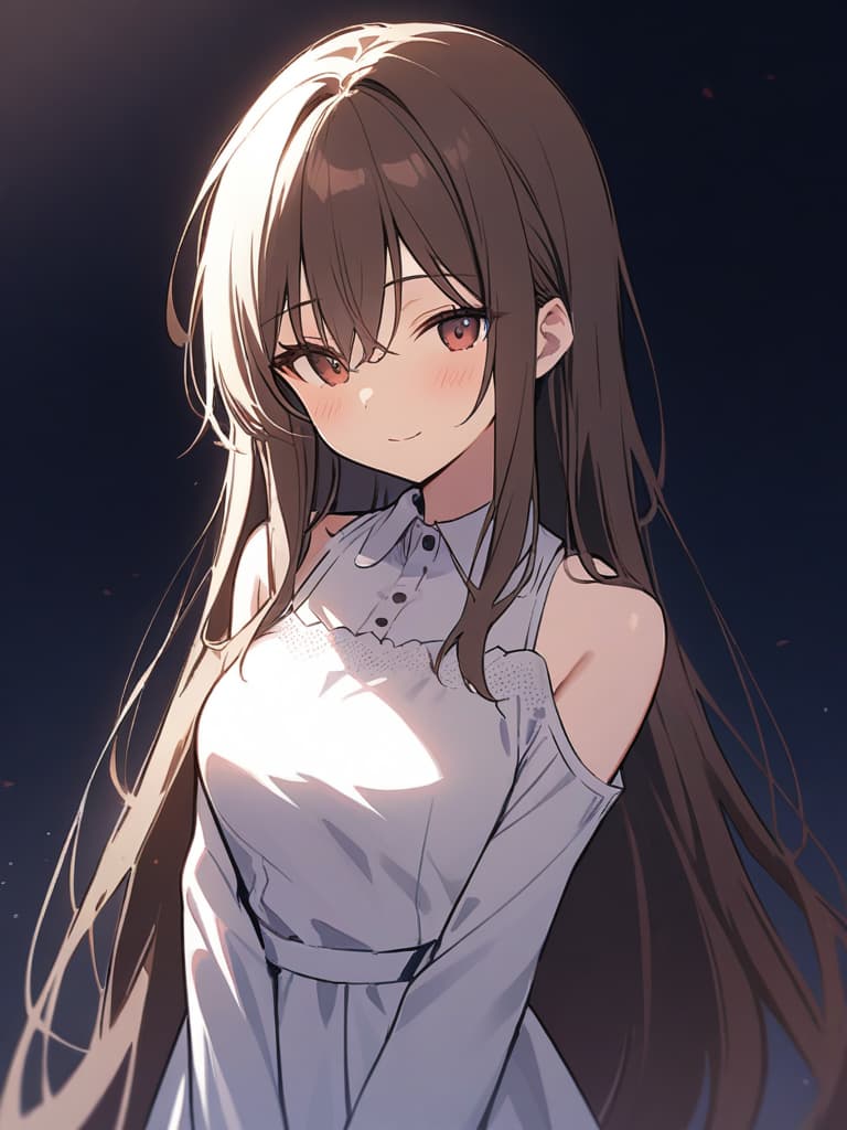  gentle illustration {clean beautiful girl:1.5}{dark brown hair:1.5}{shiny straight long hair:1.5}{half up:1.5}{gentle smile:1.5}{she is wearing a dress with white collar on dark blue background:1.2}{upper body} masterpiece,high quality,16k,