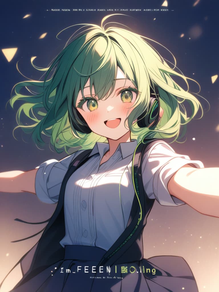  hagakure tohru bangs black clothes black blue clothing collared shirt dress shirt gloves hair between eyes long sleeves mini pleated uniform shirt shirt tucked in short sleeves rolled up sleeves uniform white shirt blush s age eyelashes woman (((with open arms:1.3))) (((i'm feeling excited))) (((headphones:1.3))) green eyes green hair big s medium length hair messy hair short hair teeth upper teeth upper teeth only smirk open mouth open mouth smile one arm outstretched smiling v sign looking at camera one woman alone english language english text text colored eyelashes curly hair ai created