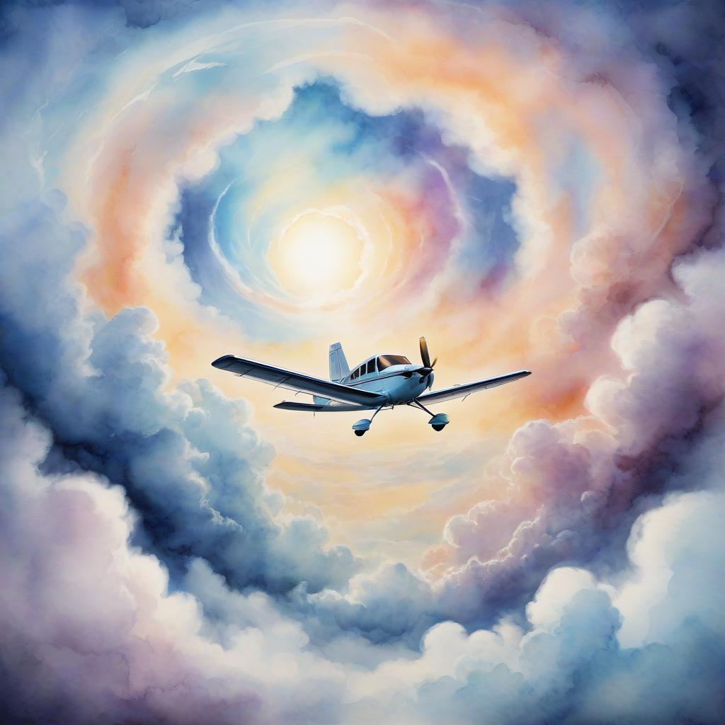  private small plane flies into a cloud spiral portal on a colored watercolor background painted in watercolor