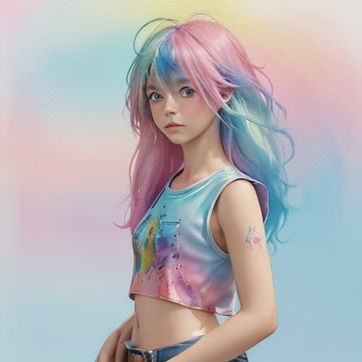  best quality,(masterpiece:1.3),ultra detailed,1girl,abstract watercolor painting of a little girl,(cowboy shot),scales,rainbow colors :1,colorful hair,blue and pink tone colors,abstract watercolor painting of cartoon clouds with emoji,rainbow colors,gradien