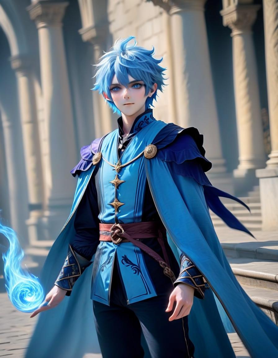  role playing game (rpg) style fantasy genazi air, man, short hairstyle, blue hair, air magician, sorcerer, bluish skin, fantasy style, full body, 8k, hdr, masterpiece, hyperrealisme . detailed, vibrant, immersive, reminiscent of high fantasy rpg games, perfecteyes, hkmagic