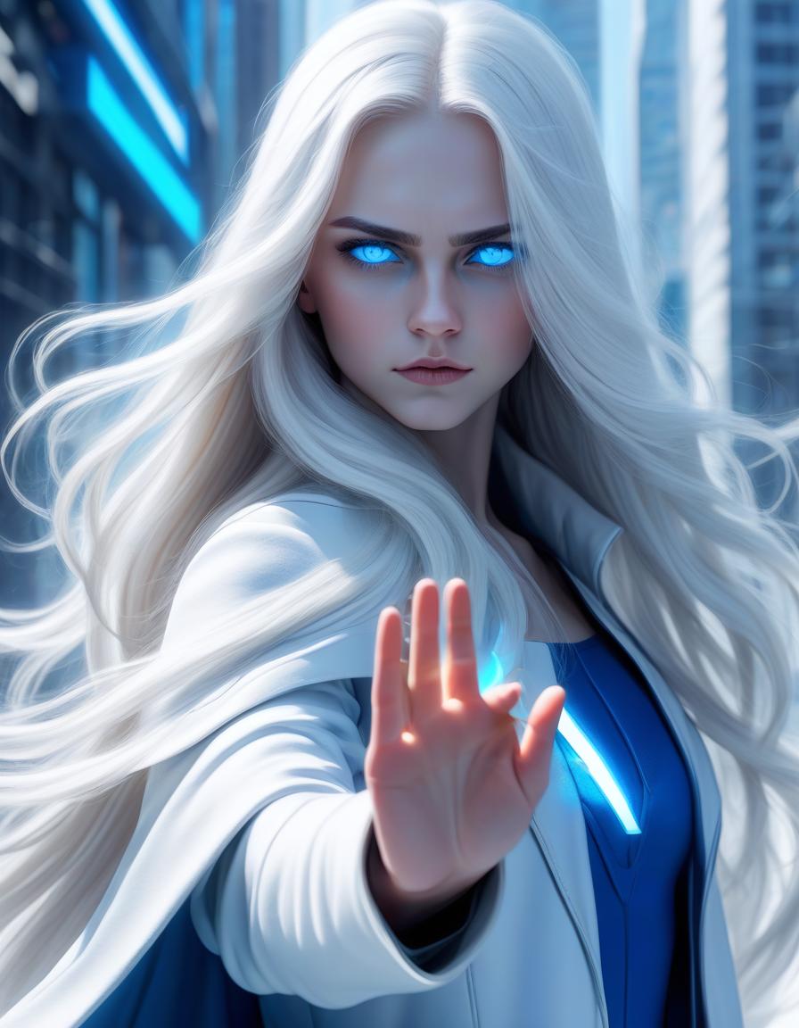  a girl with superpower, lets the cold out of her palm, stands half turn, white long loose hair, modern clothes, bright blue eyes