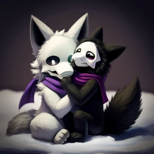  Puro, SCP-1471, Duo, Hug, Sitting on other, Purple Scarf, Green Scarf, Fluffy, Puro with brown fur, fluffy tails, snow eviroment, fluffy body, cute, fluffy body big tails, open eyes, masterpiece, 4k, fine details,