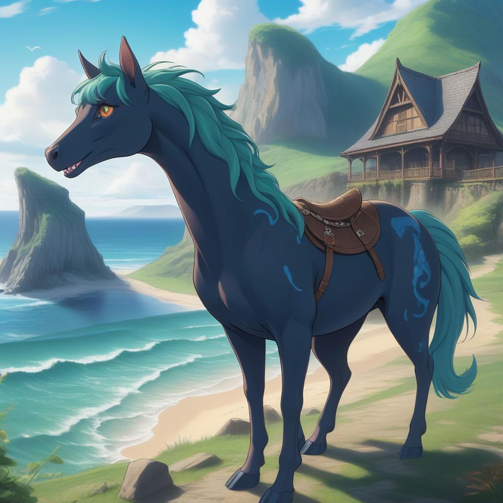  anime artwork dnd tavern kelpie's call. a kelpie is a sea horse with the head of a horse and the torso of a fish. she is on a beautiful shore on the edge of the world next to a beautiful landscape and has opened a tavern . anime style, key visual, vibrant, studio anime, highly detailed