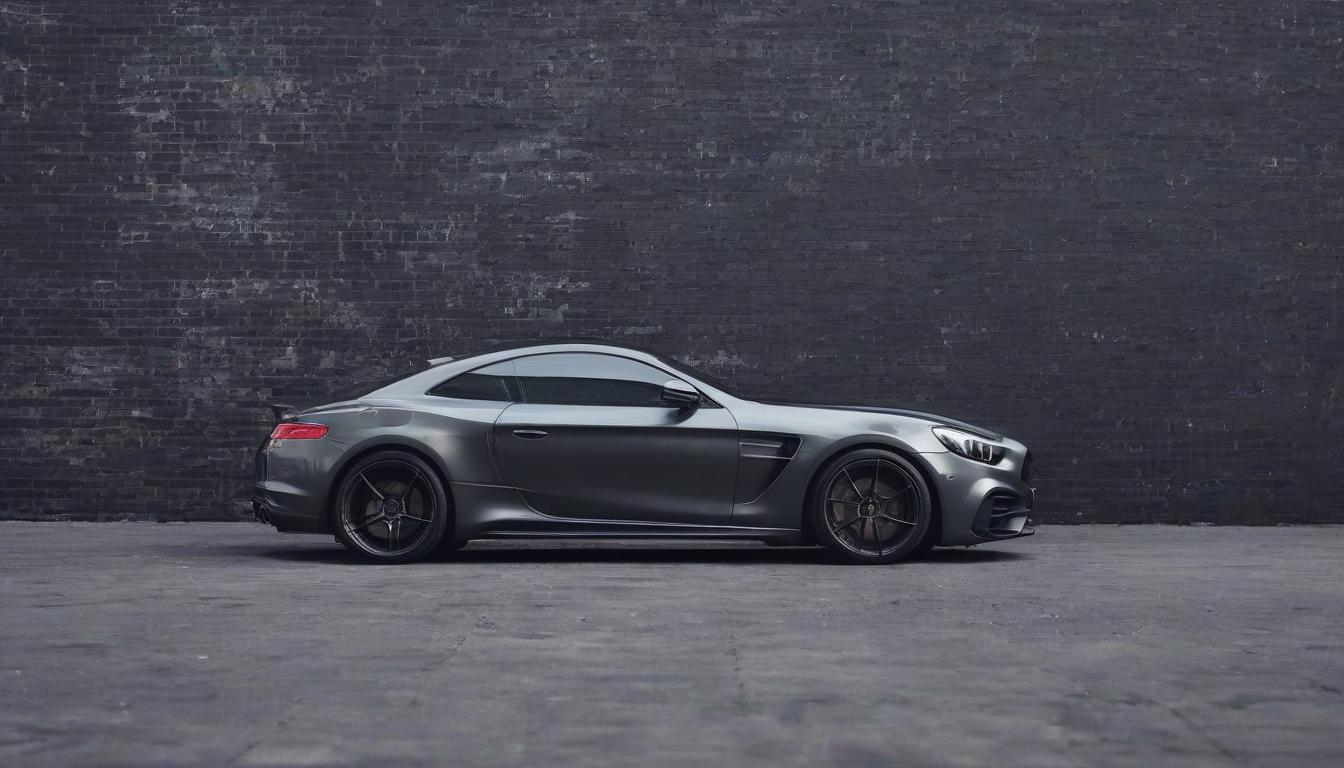  sports modern car stands against the background of a black brick building, black and gray style