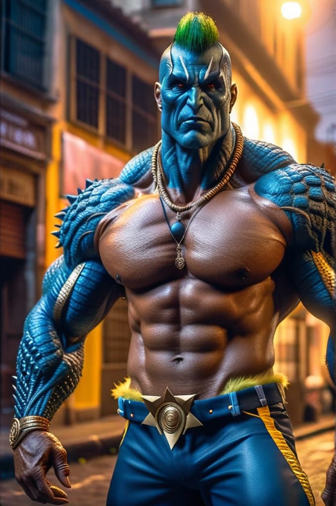  brazilian monster hyperrealistic, full body, detailed clothing, highly detailed, cinematic lighting, stunningly beautiful, intricate, sharp focus, f/1. 8, 85mm, (centered image composition), (professionally color graded), ((bright soft diffused light)), volumetric fog, trending on instagram, trending on tumblr, HDR 4K, 8K