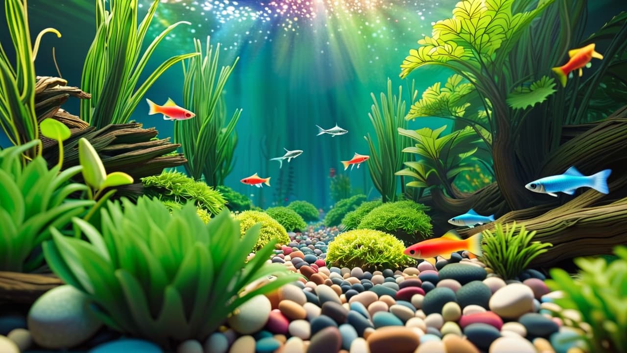  a vibrant aquarium scene featuring a variety of beginner fish like guppies and neon tetras swimming among lush green plants, colorful pebbles, and a natural driftwood structure, all illuminated by soft, warm light. hyperrealistic, full body, detailed clothing, highly detailed, cinematic lighting, stunningly beautiful, intricate, sharp focus, f/1. 8, 85mm, (centered image composition), (professionally color graded), ((bright soft diffused light)), volumetric fog, trending on instagram, trending on tumblr, HDR 4K, 8K