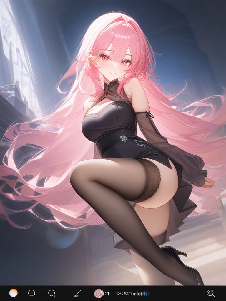  pink hair, super long long hair, in the castle, pin heel, doll like, pink eyes, smiling, beautiful girl, garter stocking net tights, cheongdresses, legs, masterpiece, best quality,8k,ultra detailed,high resolution,an extremely delicate and beautiful,hyper detail hyperrealistic, full body, detailed clothing, highly detailed, cinematic lighting, stunningly beautiful, intricate, sharp focus, f/1. 8, 85mm, (centered image composition), (professionally color graded), ((bright soft diffused light)), volumetric fog, trending on instagram, trending on tumblr, HDR 4K, 8K