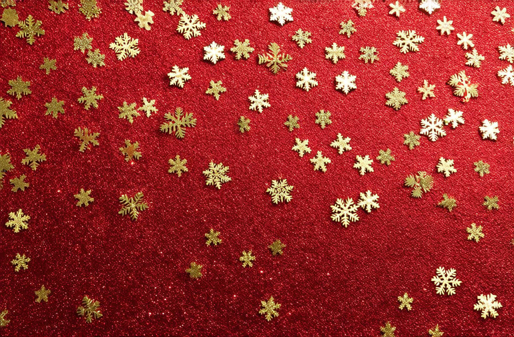  professional detailed photography, red background with golden snowflakes ar 3:2, (muted colors, dim colors, soothing tones), (vsco:0.3)