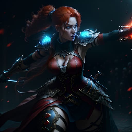  A with fiery red hair in a ponytail and blue eyes, a look of anger and blood on her face. She points her sword at the audience, a slightly lower view., by Andrew McCarthy, Navaneeth Unnikrishnan, Manuel Dietrich, photo realistic, 8 k, cinematic lighting, hd, atmospheric, hyperdetailed, trending on artstation, deviantart, photography, glow effect hyperrealistic, full body, detailed clothing, highly detailed, cinematic lighting, stunningly beautiful, intricate, sharp focus, f/1. 8, 85mm, (centered image composition), (professionally color graded), ((bright soft diffused light)), volumetric fog, trending on instagram, trending on tumblr, HDR 4K, 8K