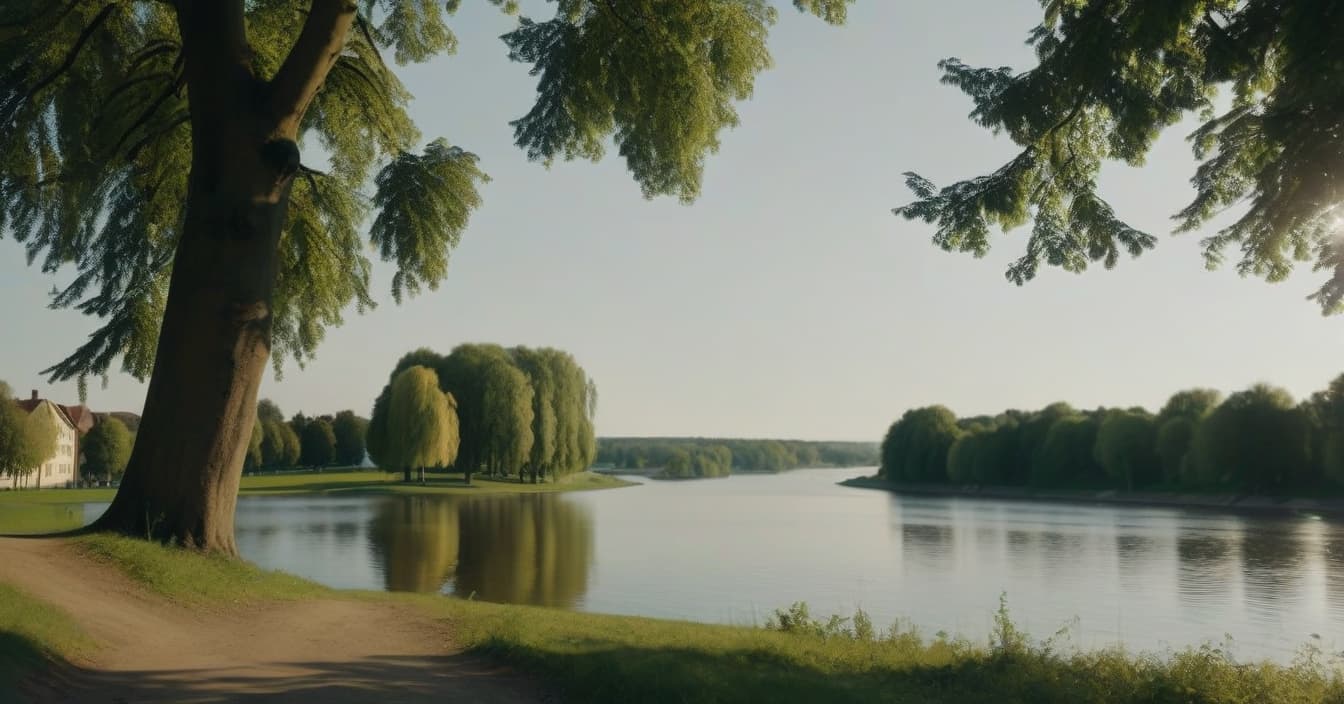  cinematic photo realistic landscape on a hill, a metropolis in the distance, a linden tree on the left and a linden tree on the right, a sunny summer day, a wide angle camera, a park, a lake reflects trees, cinematic, a view from the bottom up . 35mm photograph, film, bokeh, professional, 4k, highly detailed