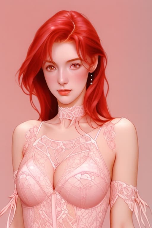  Female, young Irish, , red hair, very skinny and , wearing a light pink lace , , no 