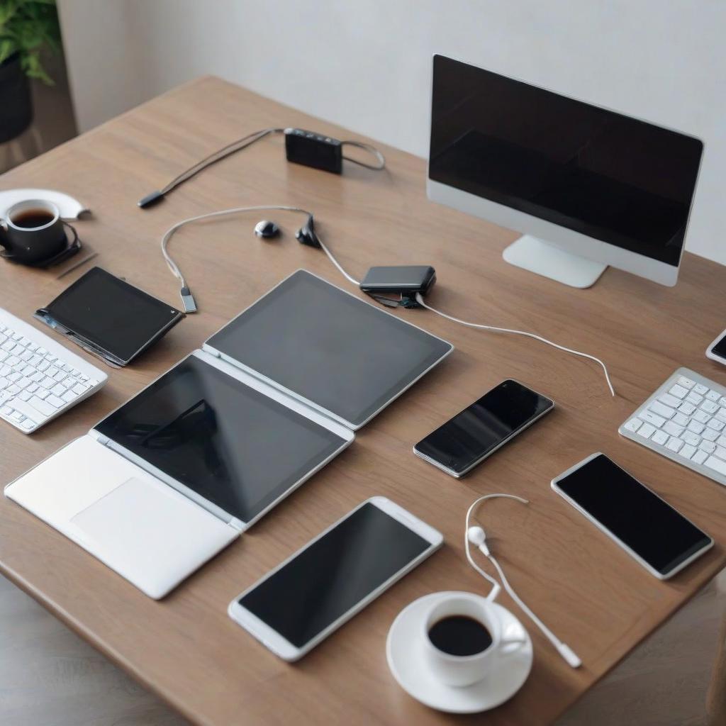  several gadgets (phone, laptop, tablet) are laid out on the table in the meeting room