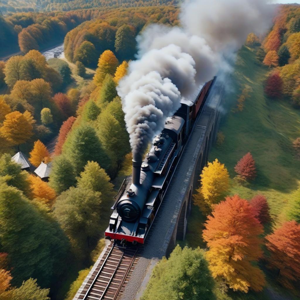  railway bridge. 19th century steam locomotive. smoke from the chimney. long train. wooded mountains. gothic style castle. beautiful early autumn. top view. 4k. realistic. high detail.