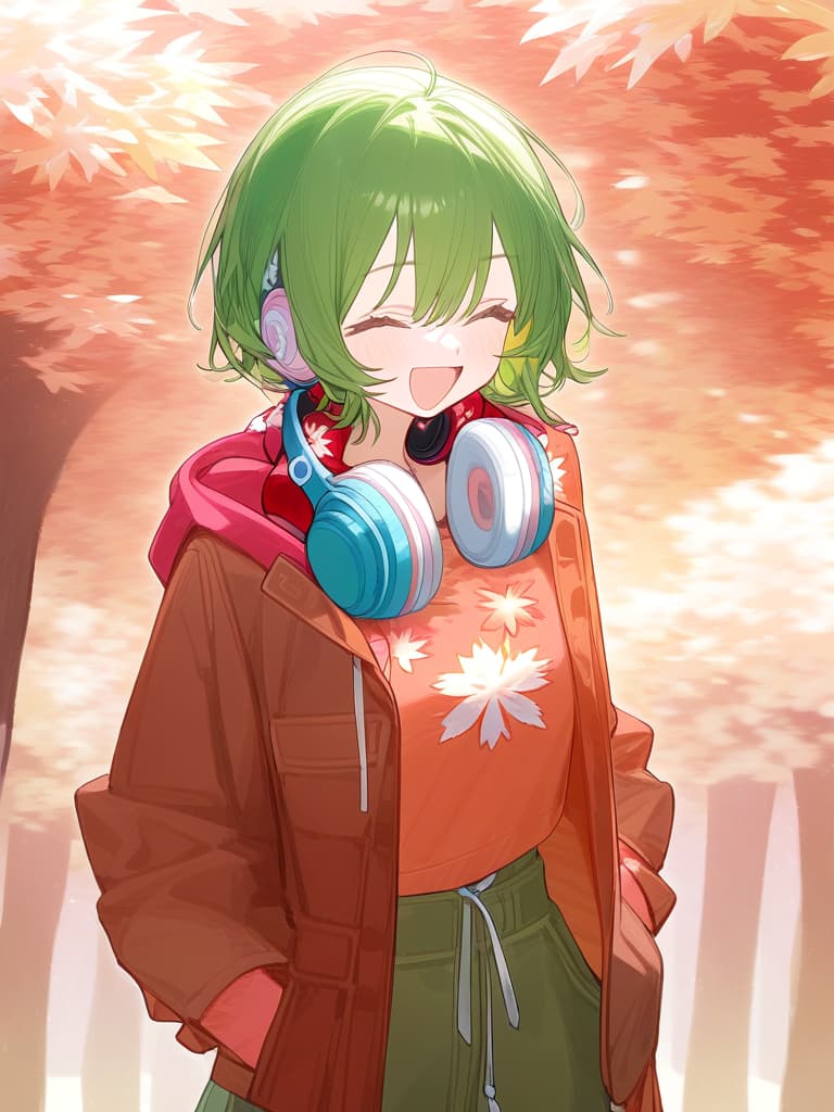  (((green short hair:1.5))),(((headphone around the neck:2.0))),very loud laugh,(((very joy:1.8))),(pastel red brown color palette:1.3),(pastel red hoodie with white maple tree print:1.4),(brown cargo pants:1.2),white sneakers,(red maple tree cap:1.1),(red and brown brown bracelet:1.1)