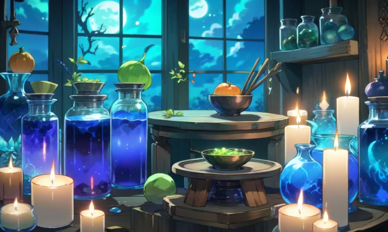  anime artwork the witch's alchemical table. blue hues. gloomy atmosphere. view horizontally . anime style, key visual, vibrant, studio anime, highly detailed