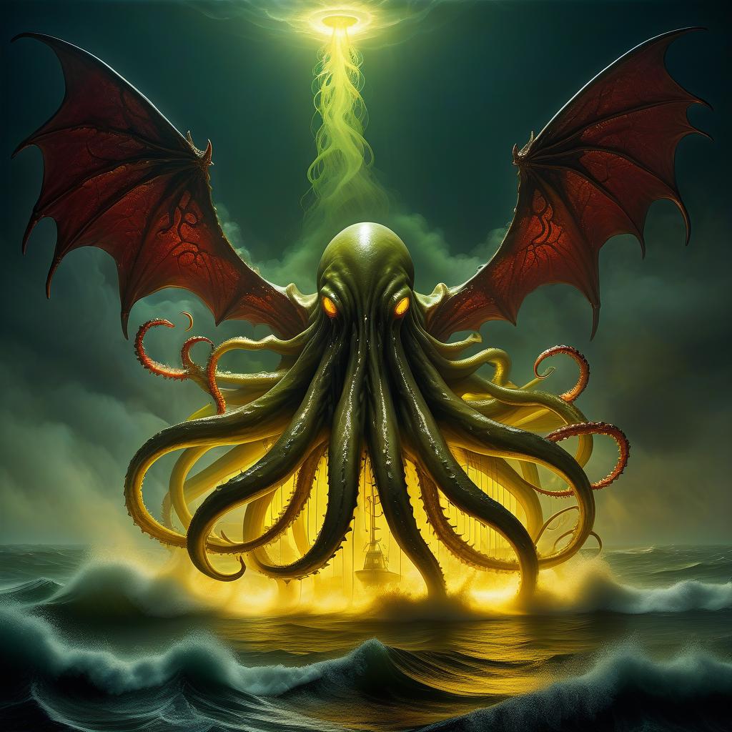  nautical themed a creature in a priest's mantle in a sticky shiny slime bent into the fog and light of yellow lights smoke red sparks spikes terror of lovecraft's tentacles necronomicon and rings of slime wings . sea, ocean, ships, maritime, beach, marine life, highly detailed