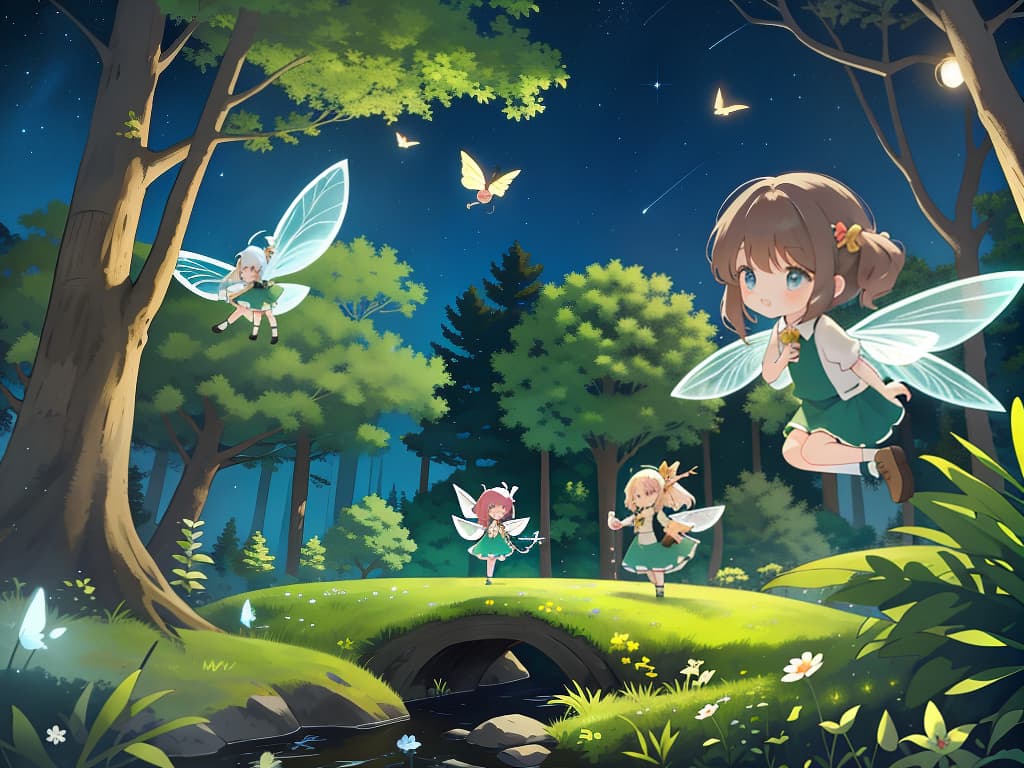  dwarf, wings, fairies, girls, in the forest, fly in the sky, night